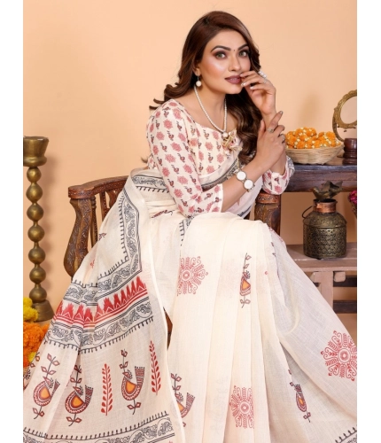 Women's Linen Cotton Printed Saree With Unstitched Blouse 5.5Mtr (Off White)