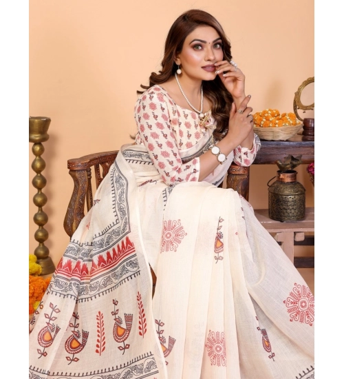 Women's Linen Cotton Printed Saree With Unstitched Blouse 5.5Mtr (Off White)
