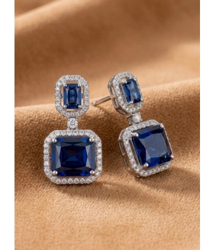 Women's Brass Silver Plated Drop Earrings (Blue)
