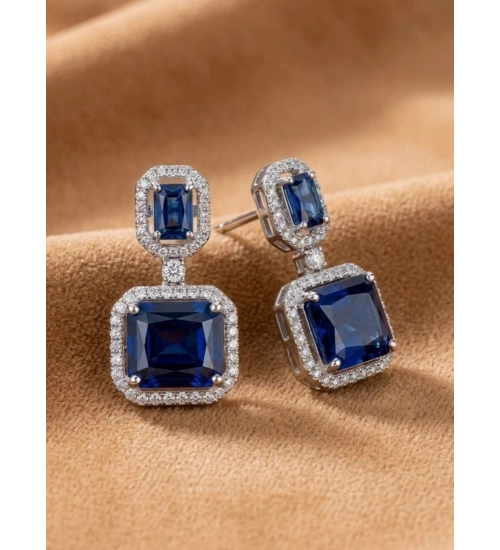Women's Brass Silver Plated Drop Earrings (Blue)
