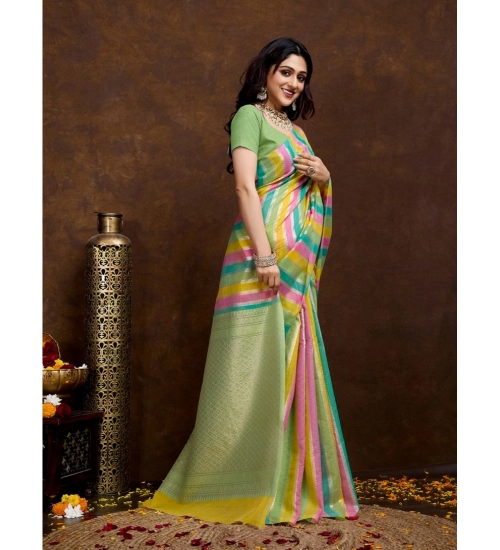 Women's Cotton Blended Printed Saree With Unstitched Blouse 5.5Mtr (Pista)