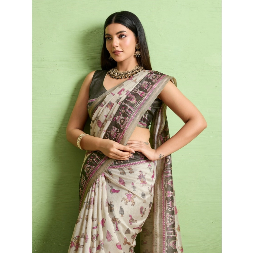 Women's Silk Blend Printed Saree With Unstitched Blouse 5.5Mtr (Off White) Women's Silk Blend Printed Saree With Unstitched Blouse 5.5Mtr (Off White)