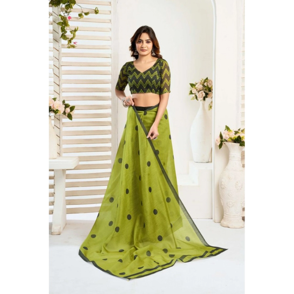 Women's Linen Cotton Printed Ready To Wear Saree With Unstitched Blouse 5.5 Mtr (Green)
