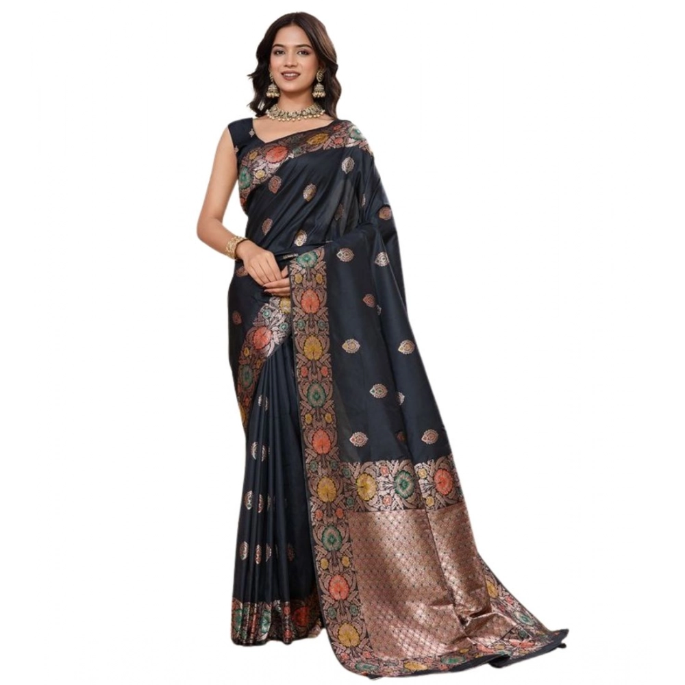 Women's Faux_Banarasi_Silk Woven Saree With Unstitched Blouse 5.5Mtr (Black) Women's Faux_Banarasi_Silk Woven Saree With Unstitched Blouse 5.5Mtr (Black)