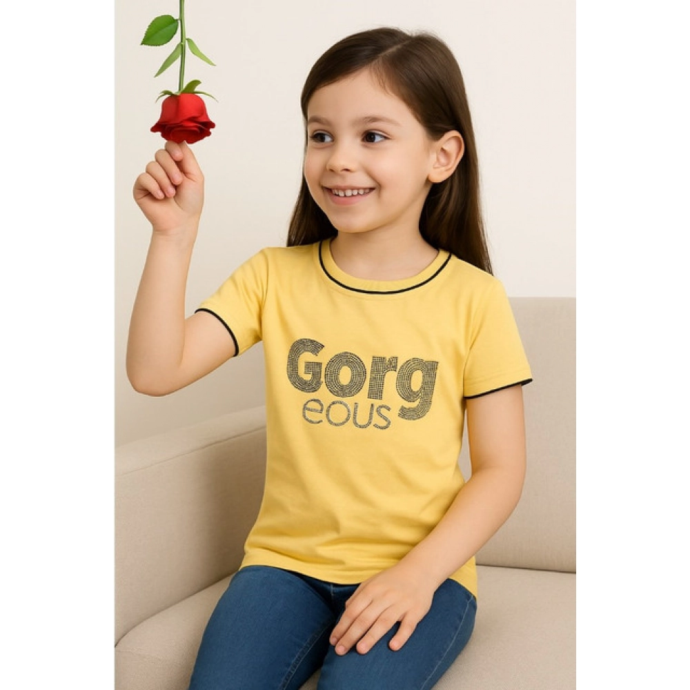 Girl's Cotton Printeded Round Neck T-Shirt (Yellow)