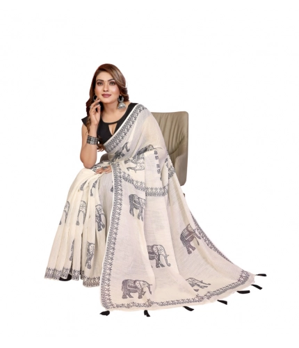 Women's Linen Cotton Printed Saree With Unstitched Blouse 5.5Mtr (Off White)