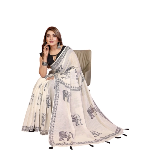 Women's Linen Cotton Printed Saree With Unstitched Blouse 5.5Mtr (Off White)