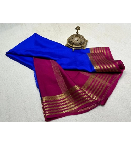 Women's Crepe Chit Pallu Solid Saree With Unstitched Blouse 5.5Mtr (Navy Blue)