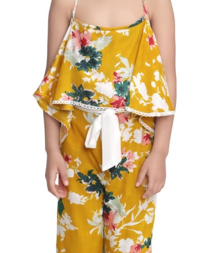 Girl's Rayon Floral Shoulder Straps Jumpsuit (Mustard)