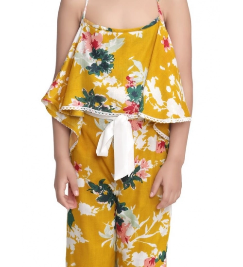 Girl's Rayon Floral Shoulder Straps Jumpsuit (Mustard)