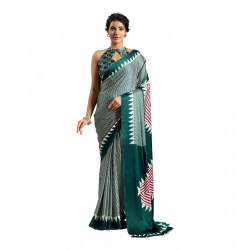 Women's Satin Crepe Printed Saree With Unstitched Blouse 5.5Mtr (Green)