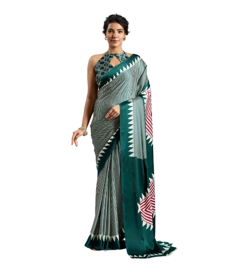Women's Satin Crepe Printed Saree With Unstitched Blouse 5.5Mtr (Green)