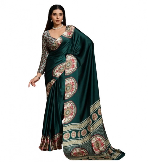 Women's Satin Crepe Printed Saree With Unstitched Blouse 5.5Mtr (Green)