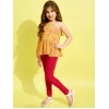 Girl's Polyester Floral One Shoulder Jeggings Set (Yellow-Red)