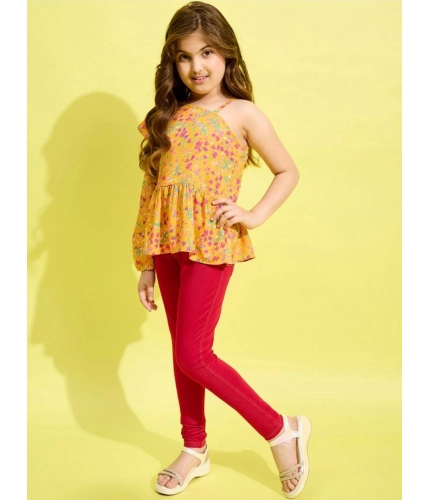 Girl's Polyester Floral One Shoulder Jeggings Set (Yellow-Red)