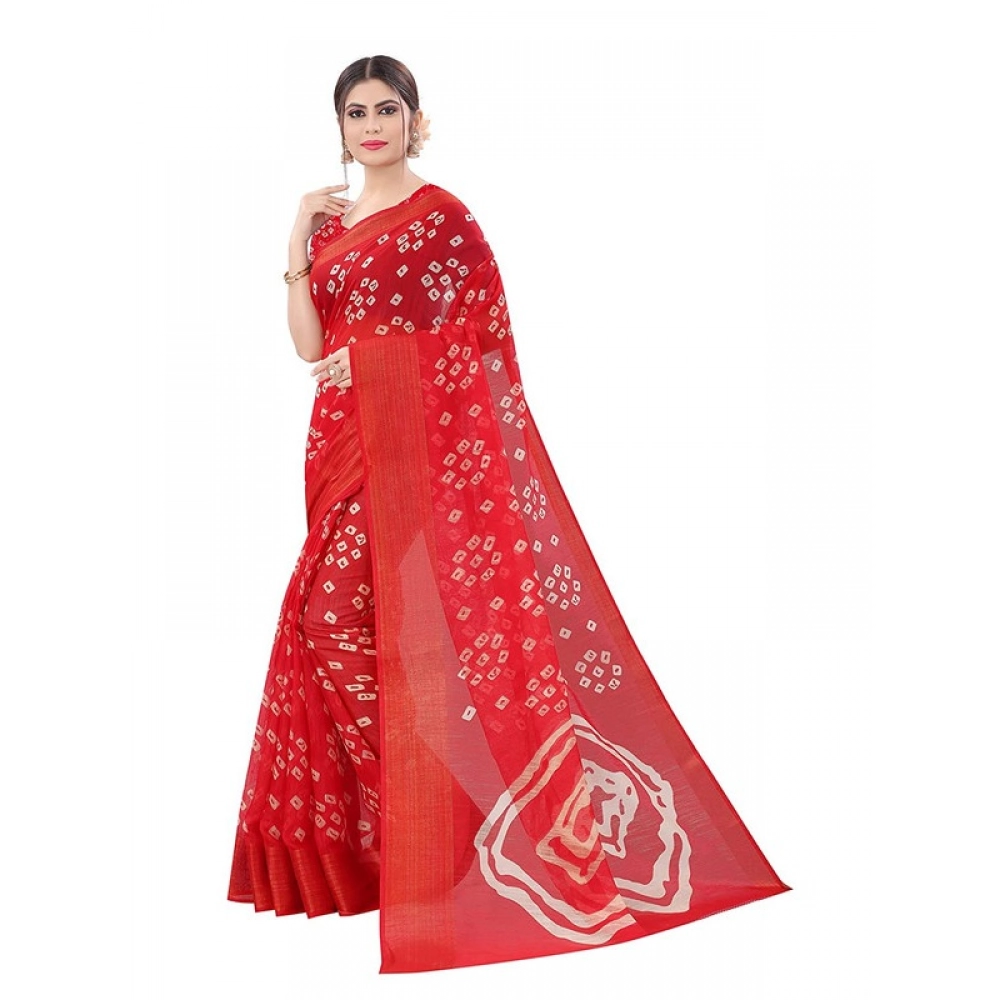 Women's Cotton Silk Bandhni Saree With Unstitched Blouse 5.5Mtr (Red)