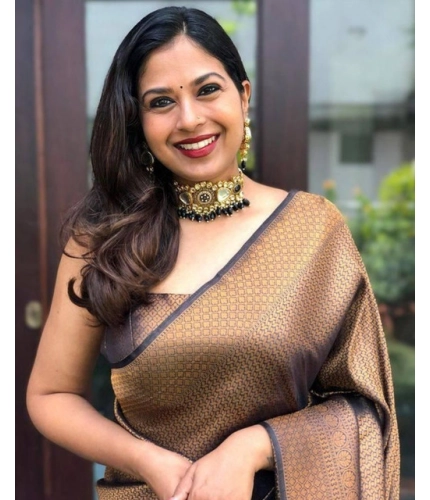 Women's Soft Lichi Silk Printed Saree With Unstitched Blouse 5.5Mtr (Black-Gold) Women's Soft Lichi Silk Printed Saree With Unstitched Blouse 5.5Mtr (Black-Gold)