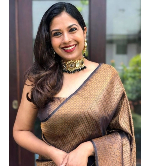 Women's Soft Lichi Silk Printed Saree With Unstitched Blouse 5.5Mtr (Black-Gold)