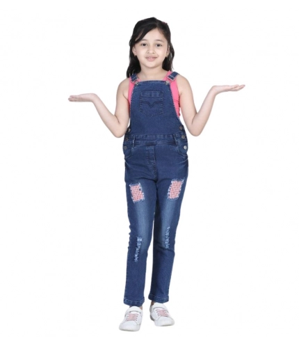 Girl's Denim Patch Work Buttoned Dungaree (Blue)