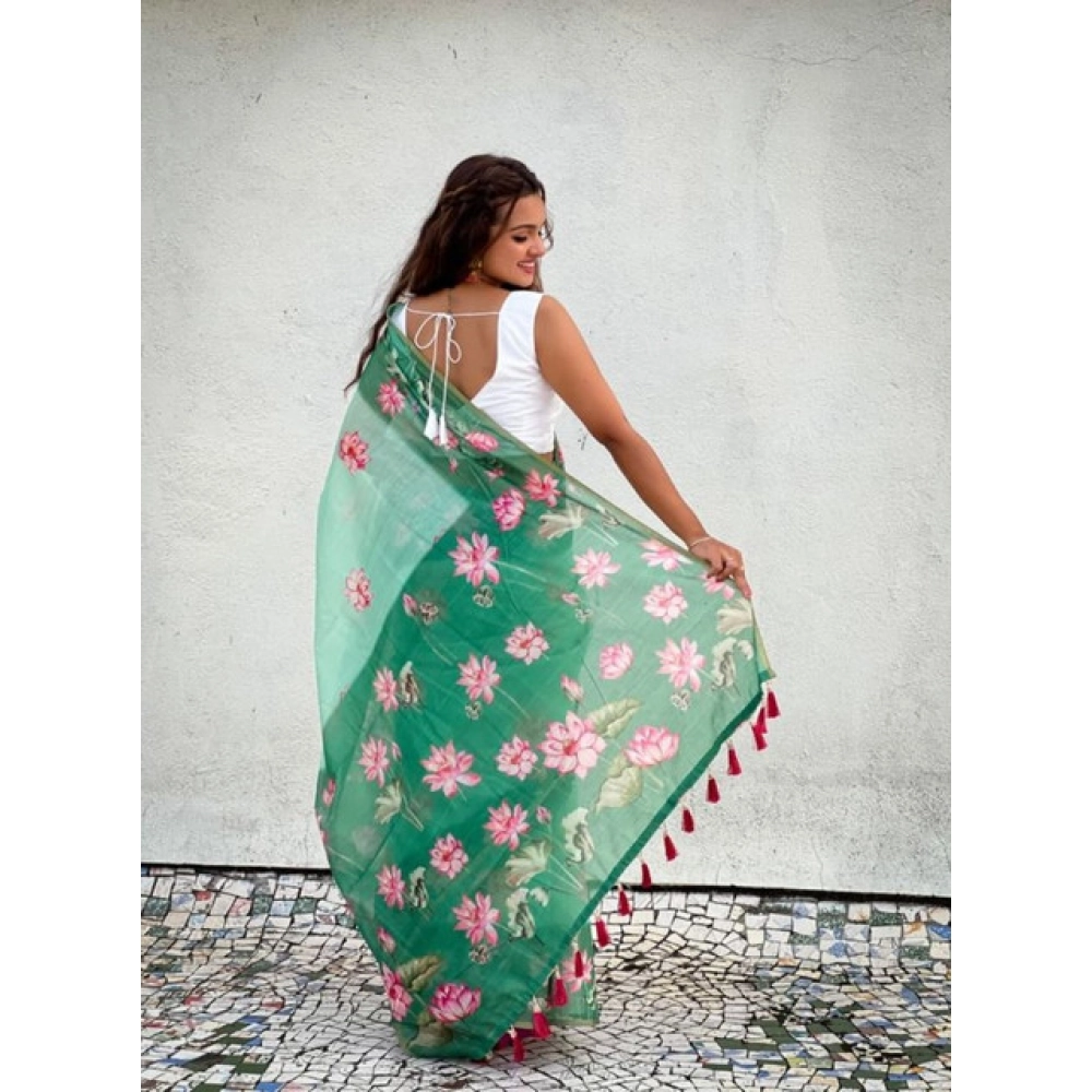 Women's Linen Printed Saree With Unstitched Blouse 5.5Mtr (Green)