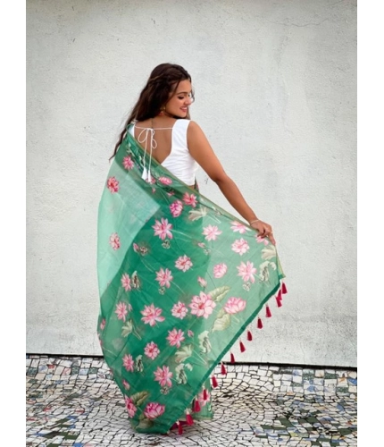 Women's Linen Printed Saree With Unstitched Blouse 5.5Mtr (Green)
