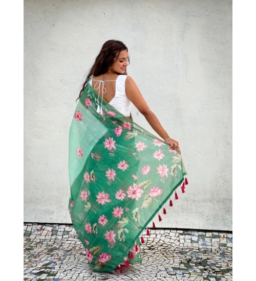 Women's Linen Printed Saree With Unstitched Blouse 5.5Mtr (Green) Women's Linen Printed Saree With Unstitched Blouse 5.5Mtr (Green)