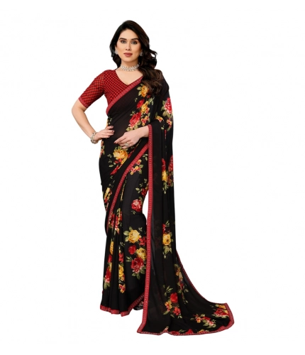 Women's Georgette Printed Saree With Unstitched Blouse 5.5Mtr (Black)
