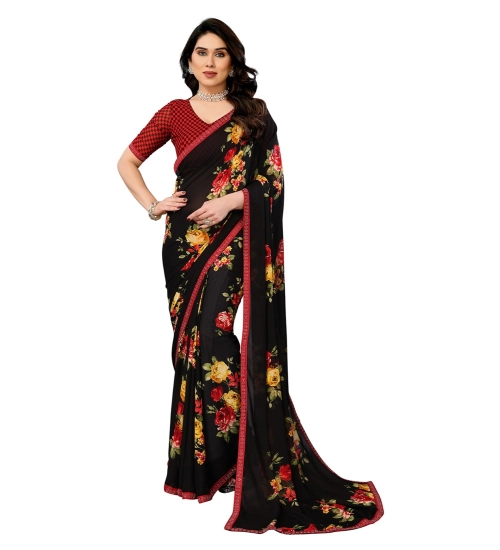 Women's Georgette Printed Saree With Unstitched Blouse 5.5Mtr (Black)