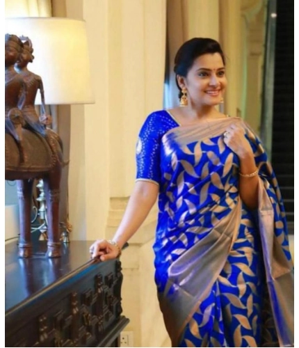Women's Litchi silk Printed Saree With Unstitched Blouse (Blue)