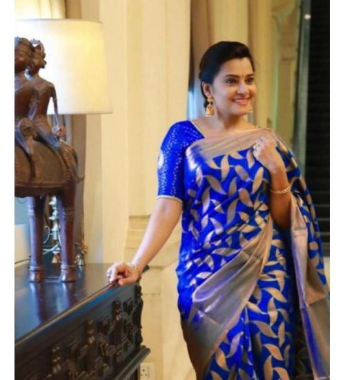 Women's Litchi silk Printed Saree With Unstitched Blouse (Blue)