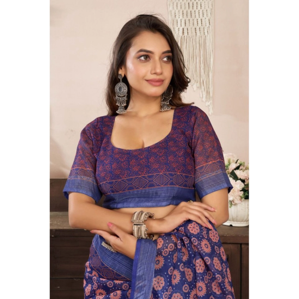 Women's Linen Cotton Printed Ready To Wear Saree With Unstitched Blouse 5.5 Mtr (Dark_Navy_Blue)
