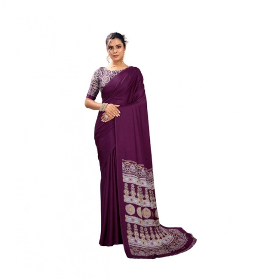 Women's Satin Crepe Printed Saree With Unstitched Blouse 5.5Mtr (Purple)