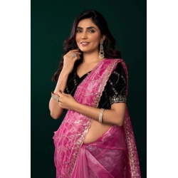 Women's Net Sequence Saree With Unstitched Blouse 5.5Mtr (Light Pink)
