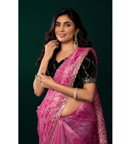 Women's Net Sequence Saree With Unstitched Blouse 5.5Mtr (Light Pink)
