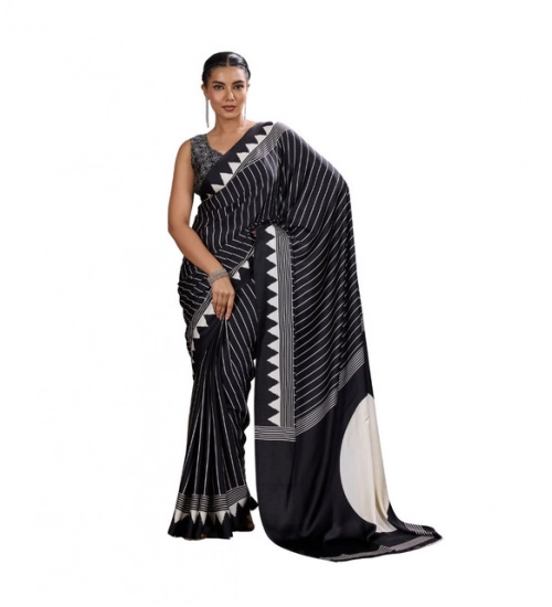 Women's Satin Crepe Printed Saree With Unstitched Blouse 5.5Mtr (Black)