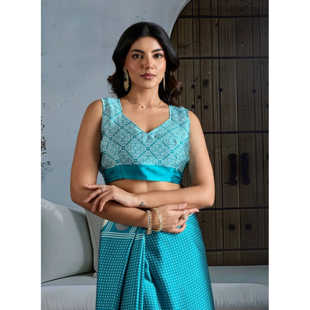 Women's Satin Crepe Printed Saree With Unstitched Blouse 5.5Mtr (Sky Blue)