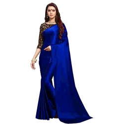 Women's Satin Solid Saree With Unstitched Blouse 5.5Mtr (Blue)