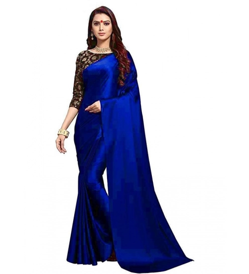 Women's Satin Solid Saree With Unstitched Blouse 5.5Mtr (Blue)