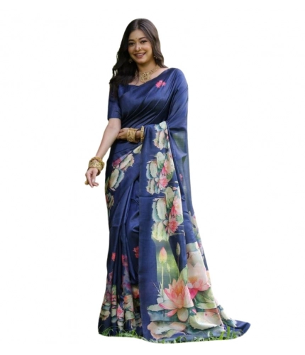 Women's Faux_Tussar Floral Saree With Unstitched Blouse 5.5Mtr (Navy_Blue)