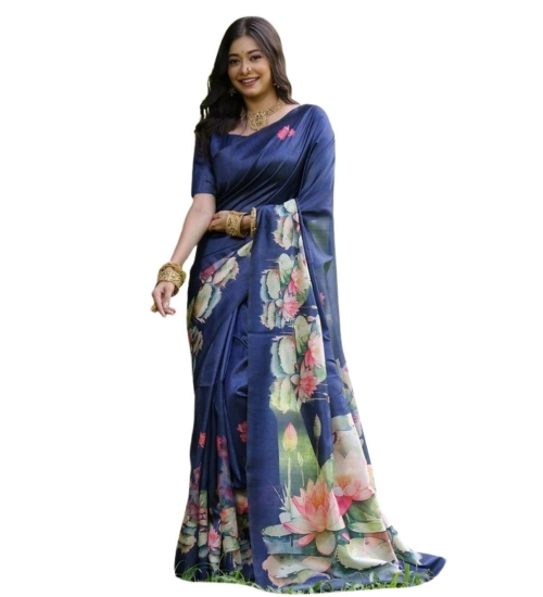 Women's Faux_Tussar Floral Saree With Unstitched Blouse 5.5Mtr (Navy_Blue)