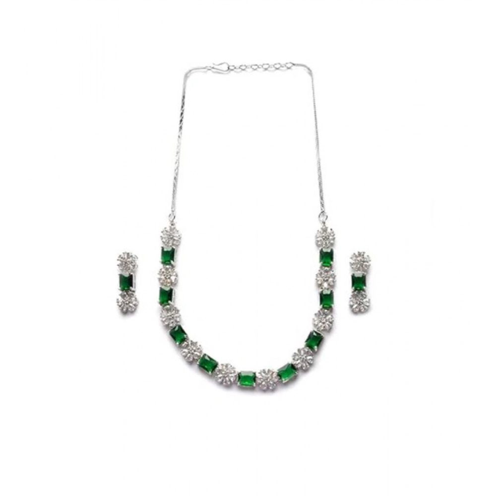 Women's Brass Silver Plated Necklace set (Green)