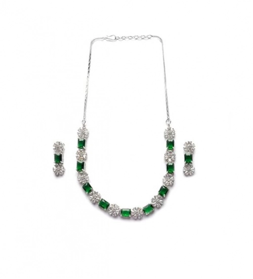 Women's Brass Silver Plated Necklace set (Green)