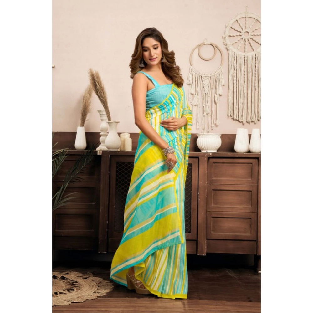 Women's Linen Cotton Printed Ready To Wear With Pocket Saree With Unstitched Blouse 5.5 Mtr (Light_Aqua_Blue)