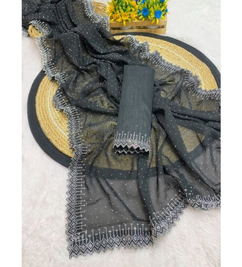 Women's Georgette Stone Work Saree With Unstitched Blouse 5.5Mtr (Black)