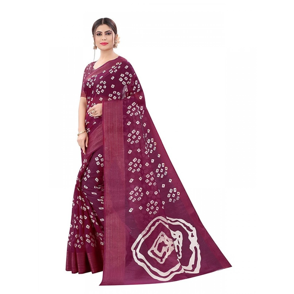 Women's Cotton Silk Bandhni Saree With Unstitched Blouse 5.5Mtr (Purple) Women's Cotton Silk Bandhni Saree With Unstitched Blouse 5.5Mtr (Purple)
