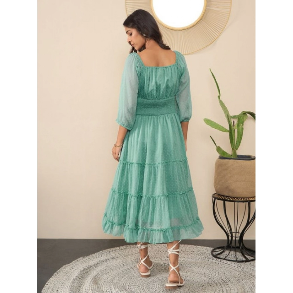 Women's Chiffon Solid Puff Sleeve Dress (Green)