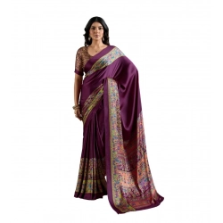 Women's Satin Crepe Printed Saree With Unstitched Blouse 5.5Mtr (Purple)