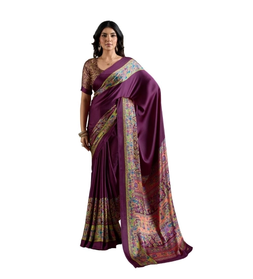 Women's Satin Crepe Printed Saree With Unstitched Blouse 5.5Mtr (Purple)