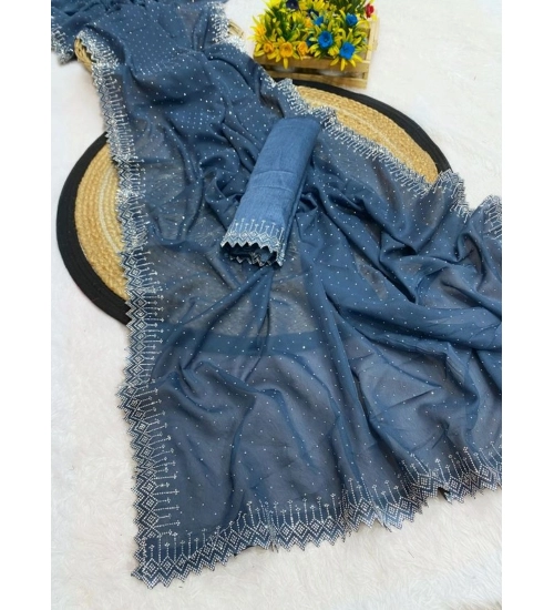 Women's Georgette Stone Work Saree With Unstitched Blouse 5.5Mtr (Grey)