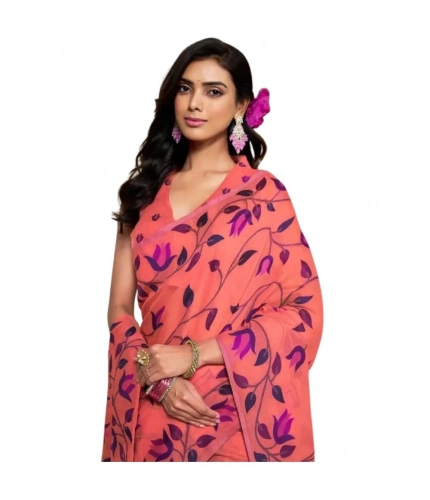 Women's Georgette Printed Saree With Unstitched Blouse 5.5Mtr (Peach)